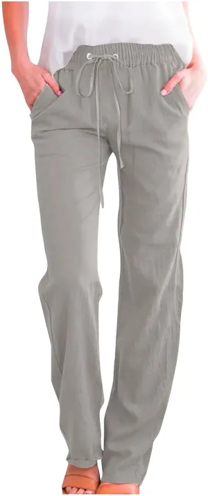 Women's Linen Pant Drawstrings Straight Leg High Waist Trousers Summer Casual Lightweight Breathable Long Pants
