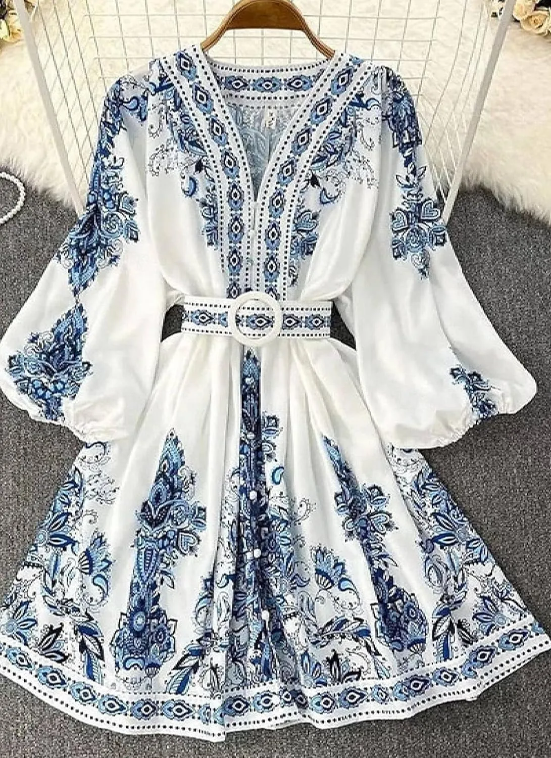 Women's Mini Dress V-Neck Long Sleeve Boho Print Button Belt White Blue Elegant 2025 Spring Summer Casual Dress