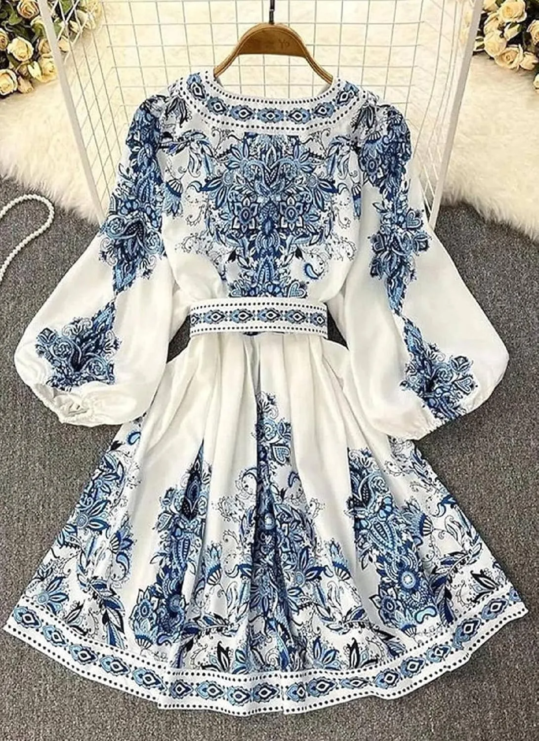 Women's Mini Dress V-Neck Long Sleeve Boho Print Button Belt White Blue Elegant 2025 Spring Summer Casual Dress