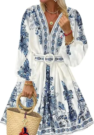 Women's Mini Dress V-Neck Long Sleeve Boho Print Button Belt White Blue Elegant 2025 Spring Summer Casual Dress