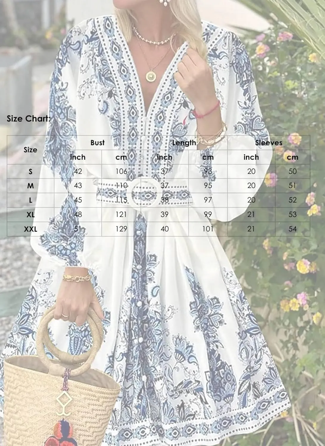Women's Mini Dress V-Neck Long Sleeve Boho Print Button Belt White Blue Elegant 2025 Spring Summer Casual Dress