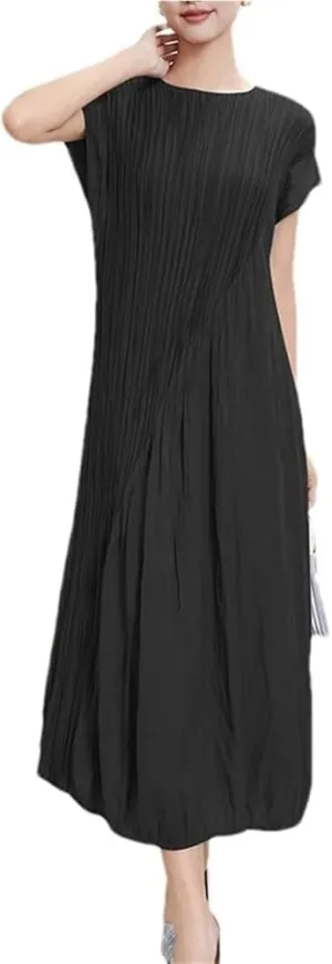 Women's Pleated A-Line Solid Dress Round Collar Irregular Short Sleeve Dress