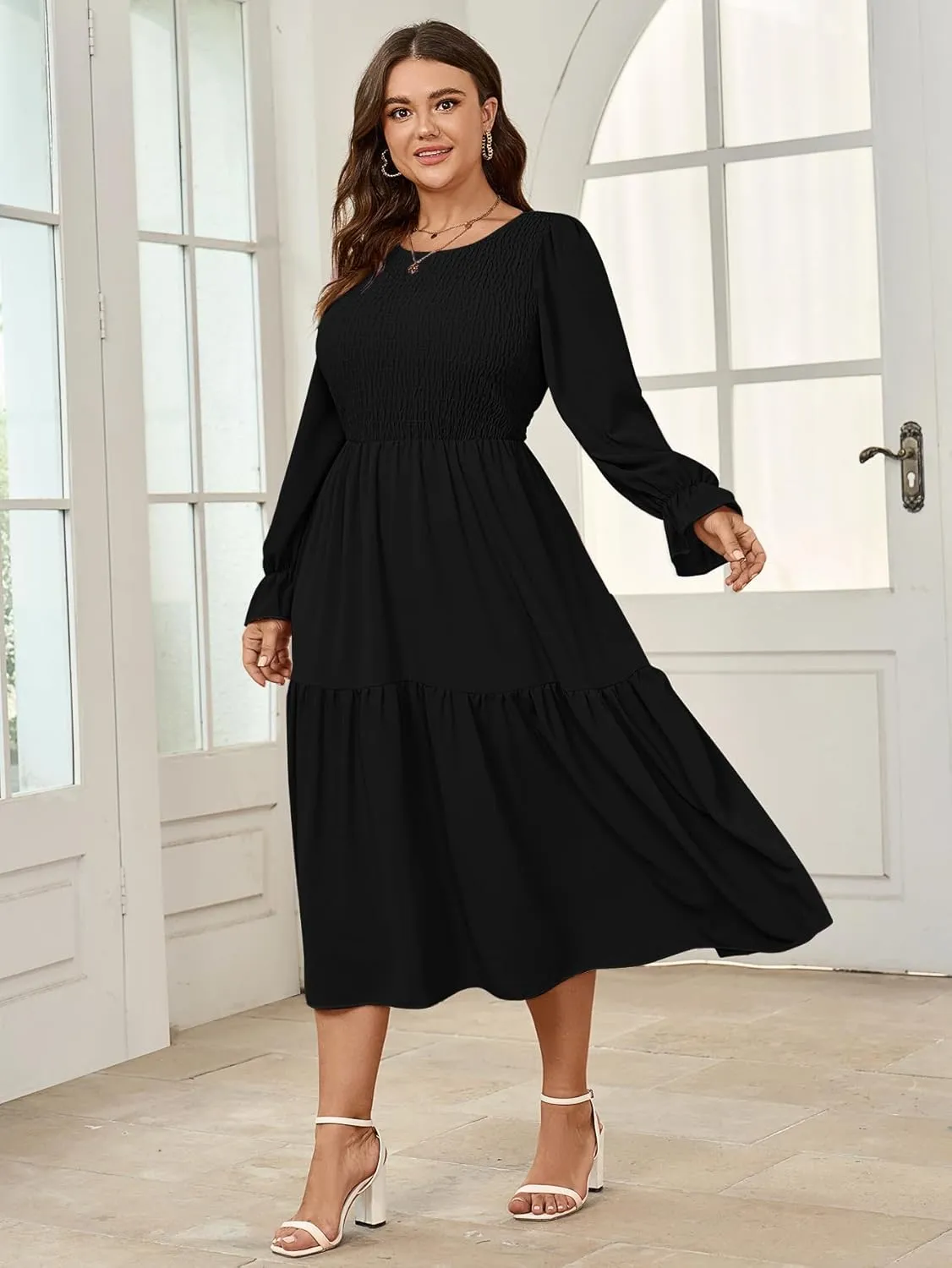 Women's Plus Size Dress Long Sleeve Crewneck Smocked Tiered Flowy Boho Wedding Party Maxi Dresses