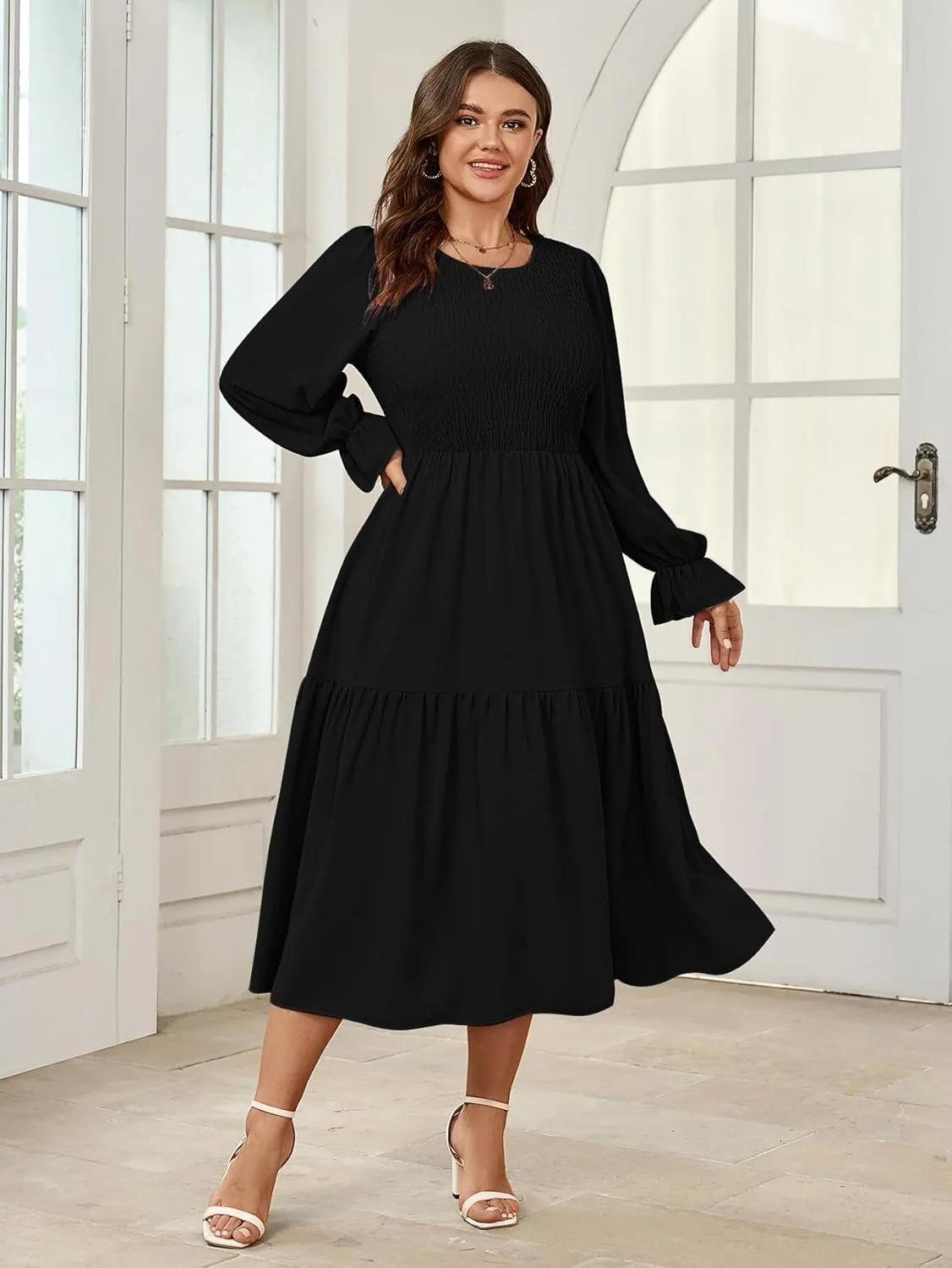 Women's Plus Size Dress Long Sleeve Crewneck Smocked Tiered Flowy Boho Wedding Party Maxi Dresses