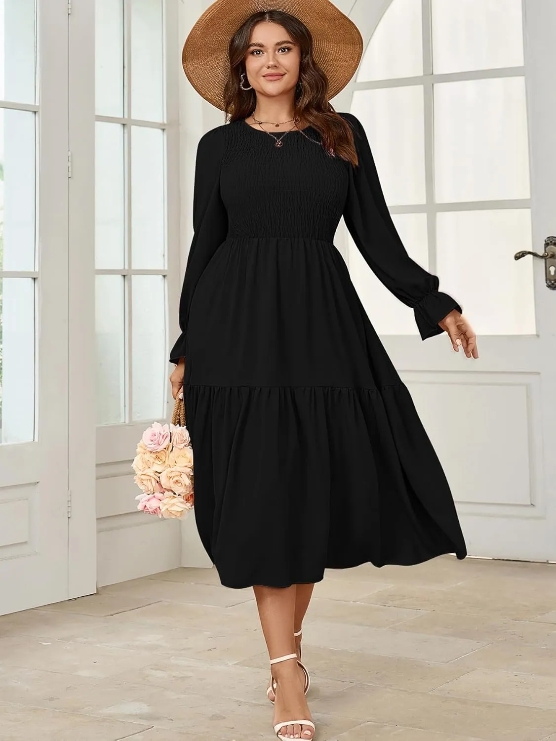 Women's Plus Size Dress Long Sleeve Crewneck Smocked Tiered Flowy Boho Wedding Party Maxi Dresses