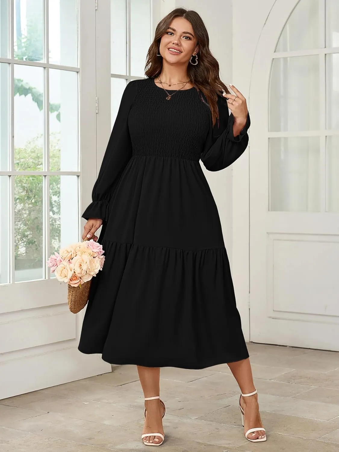 Women's Plus Size Dress Long Sleeve Crewneck Smocked Tiered Flowy Boho Wedding Party Maxi Dresses