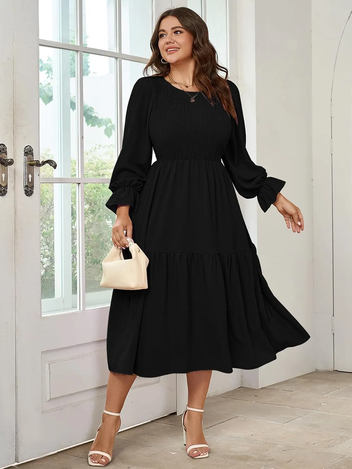 Women's Plus Size Dress Long Sleeve Crewneck Smocked Tiered Flowy Boho Wedding Party Maxi Dresses