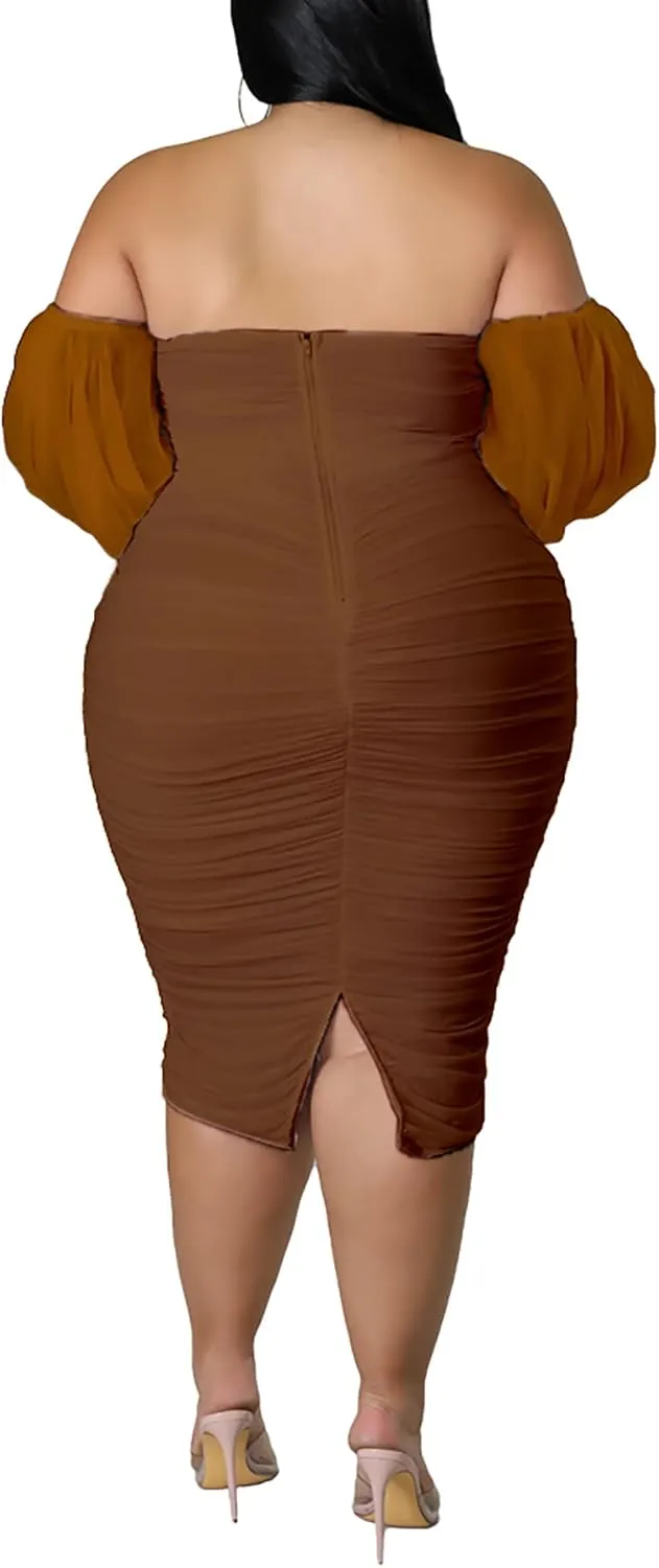 Women's Plus Size Off Shoulder Mesh Puff Long Sleeve Bodycon Ruched Midi Party Cocktail Dress