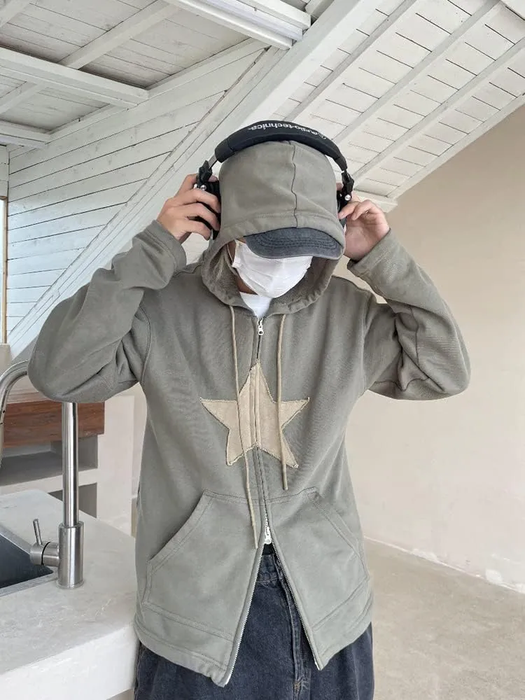 Womens Star Graphic Zip Up Hoodies Y2K Vintage Cute Oversized Hoodies Y2K Jackets Sweatshirt Harajuku Emo Streetwear