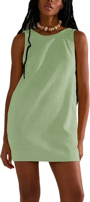 Womens Summer Crew Neck Sleeveless Open Back Dress Casual Beach Sunshine Cotton Linen Mini Dress
