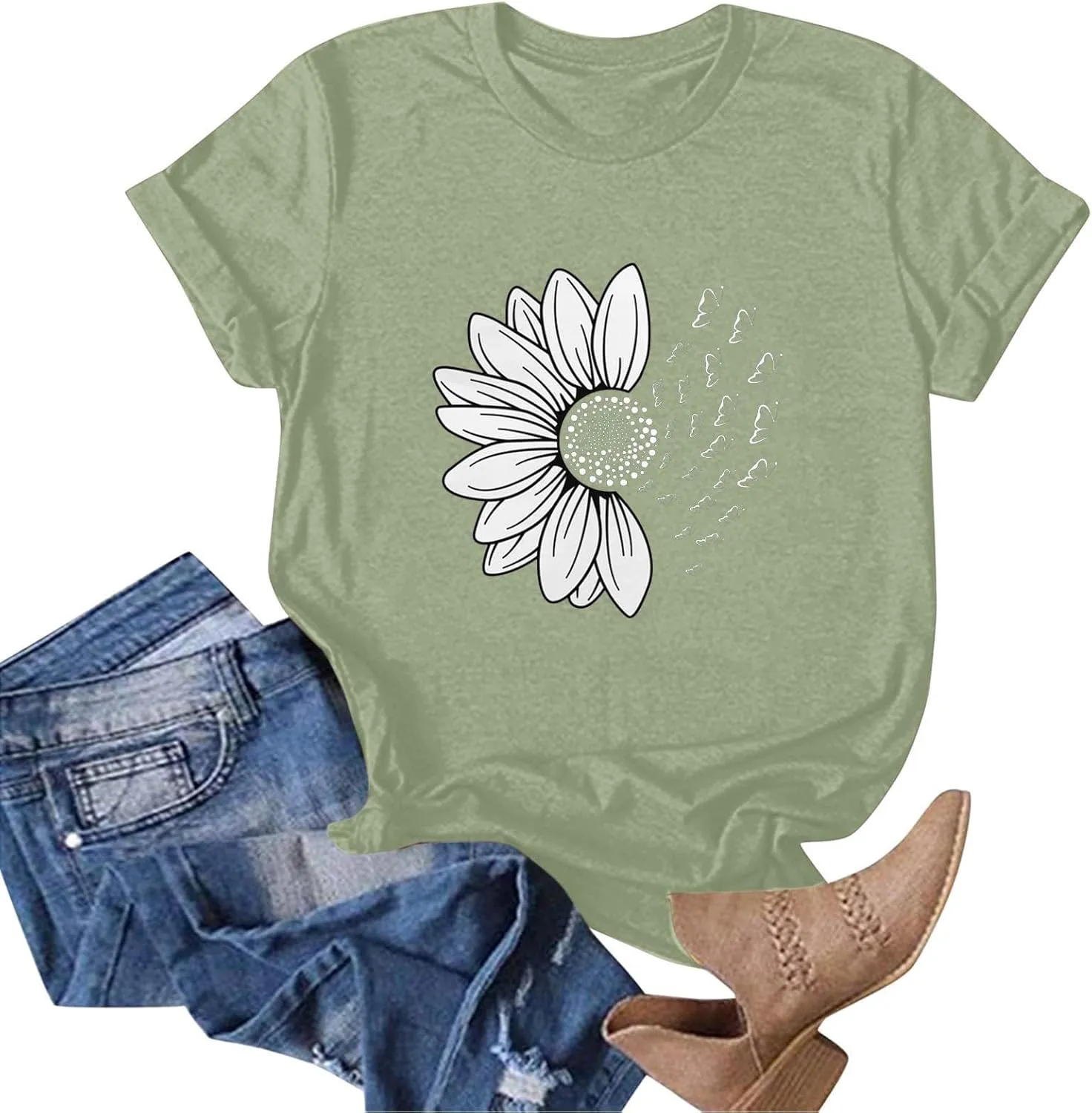 Women's Summer Sunflower Shirts Fashion Daisy Print Daily Tops Crew Neck Casual T-Shirts Floral Print Loose Tees