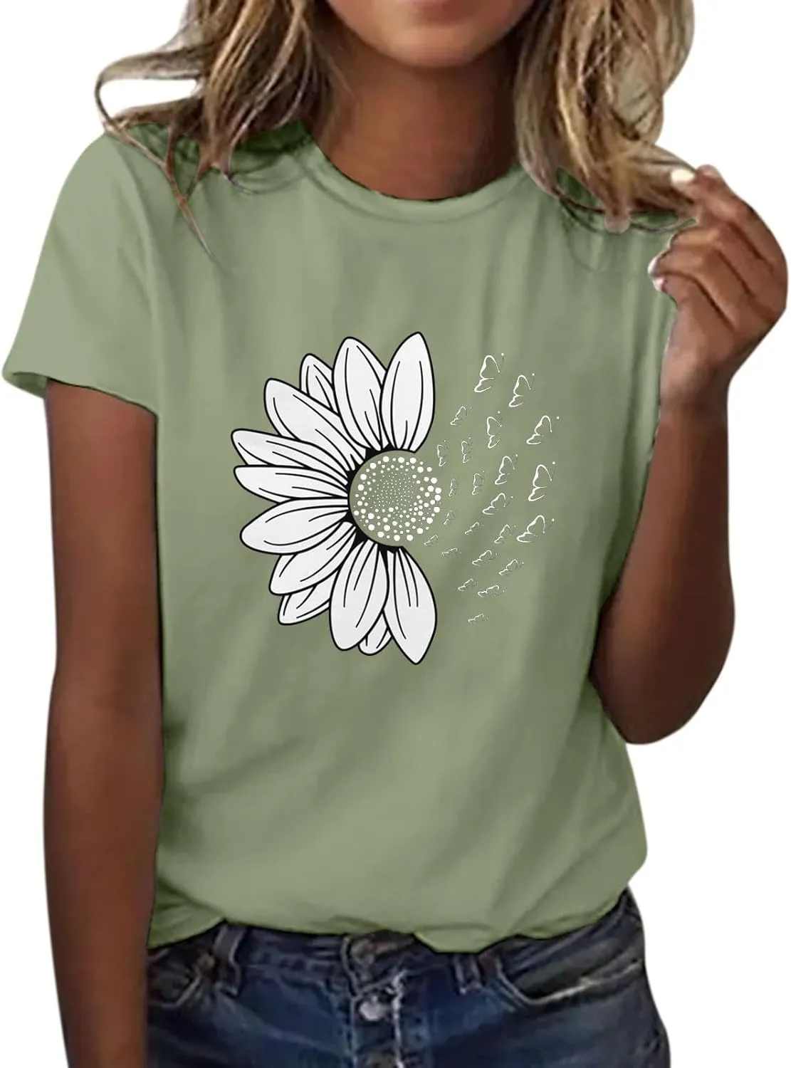 Women's Summer Sunflower Shirts Fashion Daisy Print Daily Tops Crew Neck Casual T-Shirts Floral Print Loose Tees