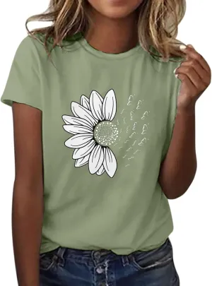 Women's Summer Sunflower Shirts Fashion Daisy Print Daily Tops Crew Neck Casual T-Shirts Floral Print Loose Tees