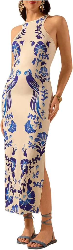 Women's Tropical Bodycon Tank Dress Elegant Summer Vacation Crewneck Split Thigh Long Maxi Dress Boho Sundress