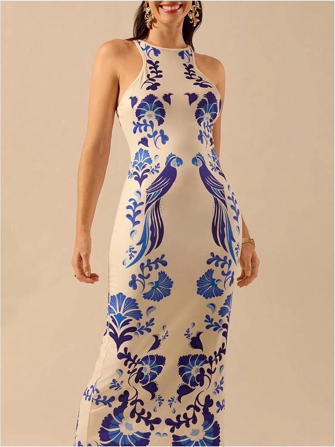 Women's Tropical Bodycon Tank Dress Elegant Summer Vacation Crewneck Split Thigh Long Maxi Dress Boho Sundress