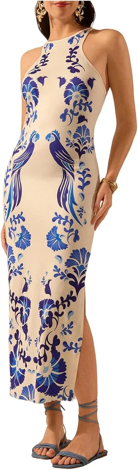 Women's Tropical Bodycon Tank Dress Elegant Summer Vacation Crewneck Split Thigh Long Maxi Dress Boho Sundress