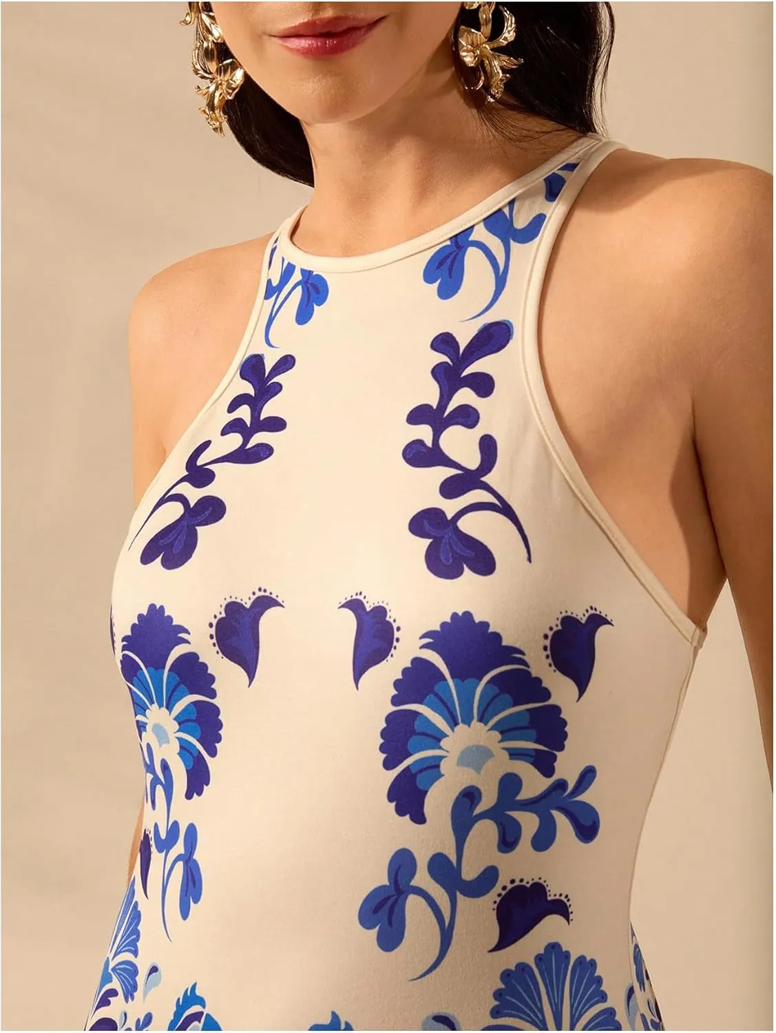 Women's Tropical Bodycon Tank Dress Elegant Summer Vacation Crewneck Split Thigh Long Maxi Dress Boho Sundress