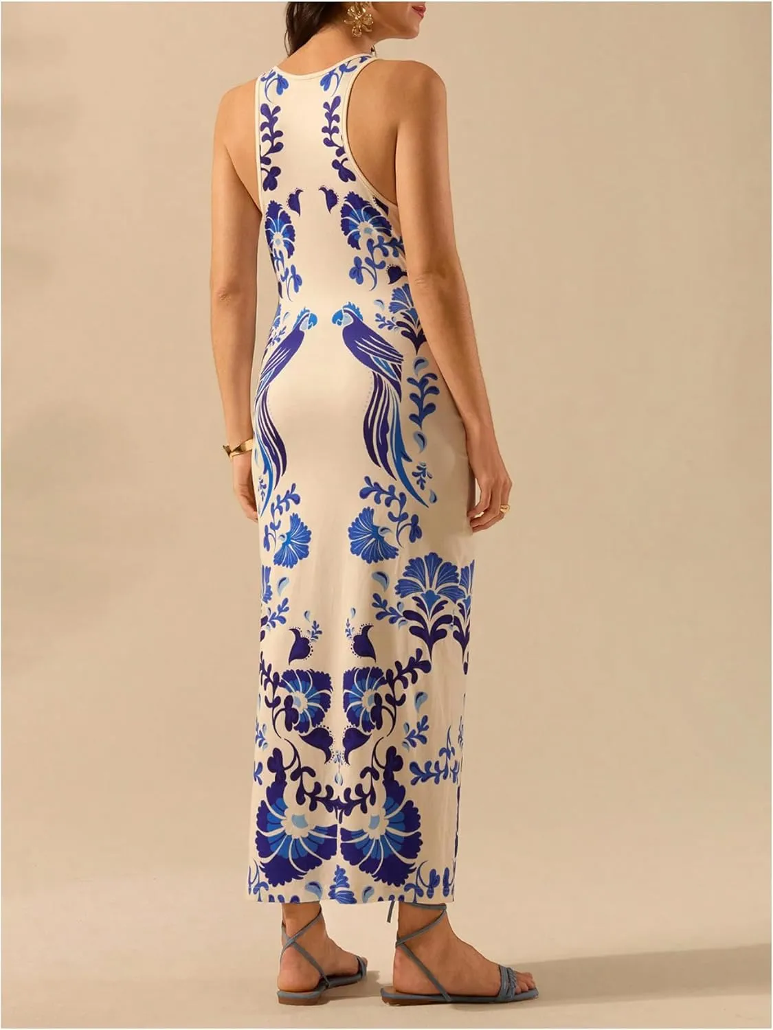 Women's Tropical Bodycon Tank Dress Elegant Summer Vacation Crewneck Split Thigh Long Maxi Dress Boho Sundress