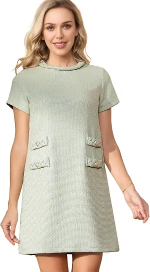 Womens Tweed Jackie Dress Elegant Crew Neck Short Sleeve Button Bodycon Mini Dress
