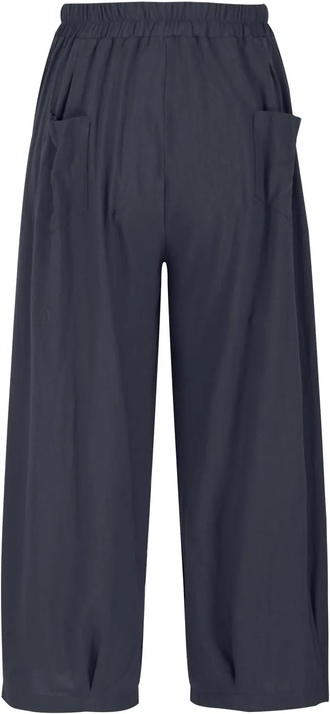 Women's Vintage Cotton Linen Baggy Pants Elastic High Waist Wide Leg Lantern Pants Casual Loose Trouser with Pockets
