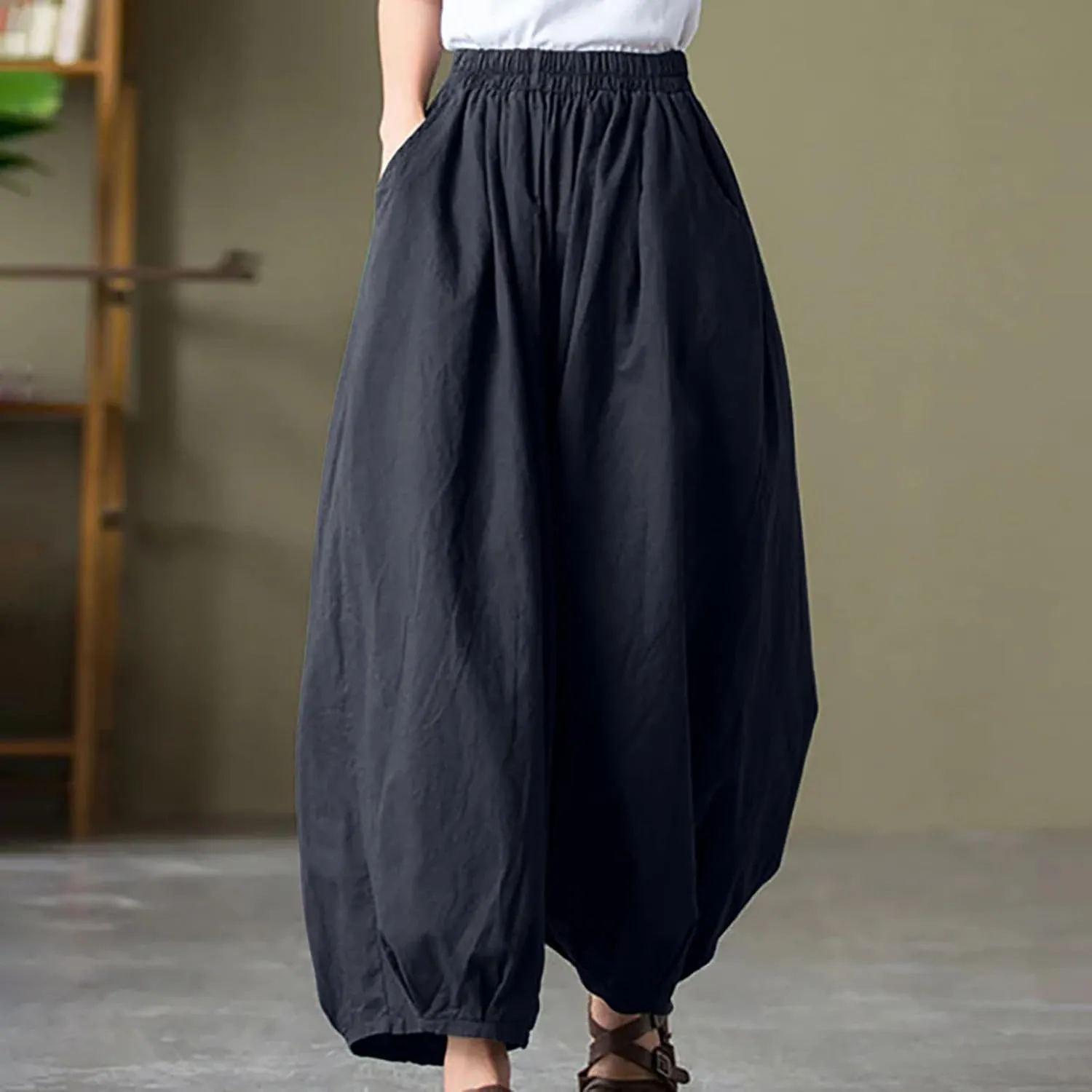 Women's Vintage Cotton Linen Baggy Pants Elastic High Waist Wide Leg Lantern Pants Casual Loose Trouser with Pockets