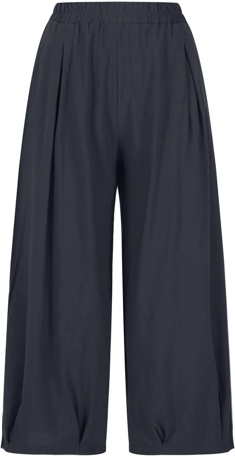 Women's Vintage Cotton Linen Baggy Pants Elastic High Waist Wide Leg Lantern Pants Casual Loose Trouser with Pockets