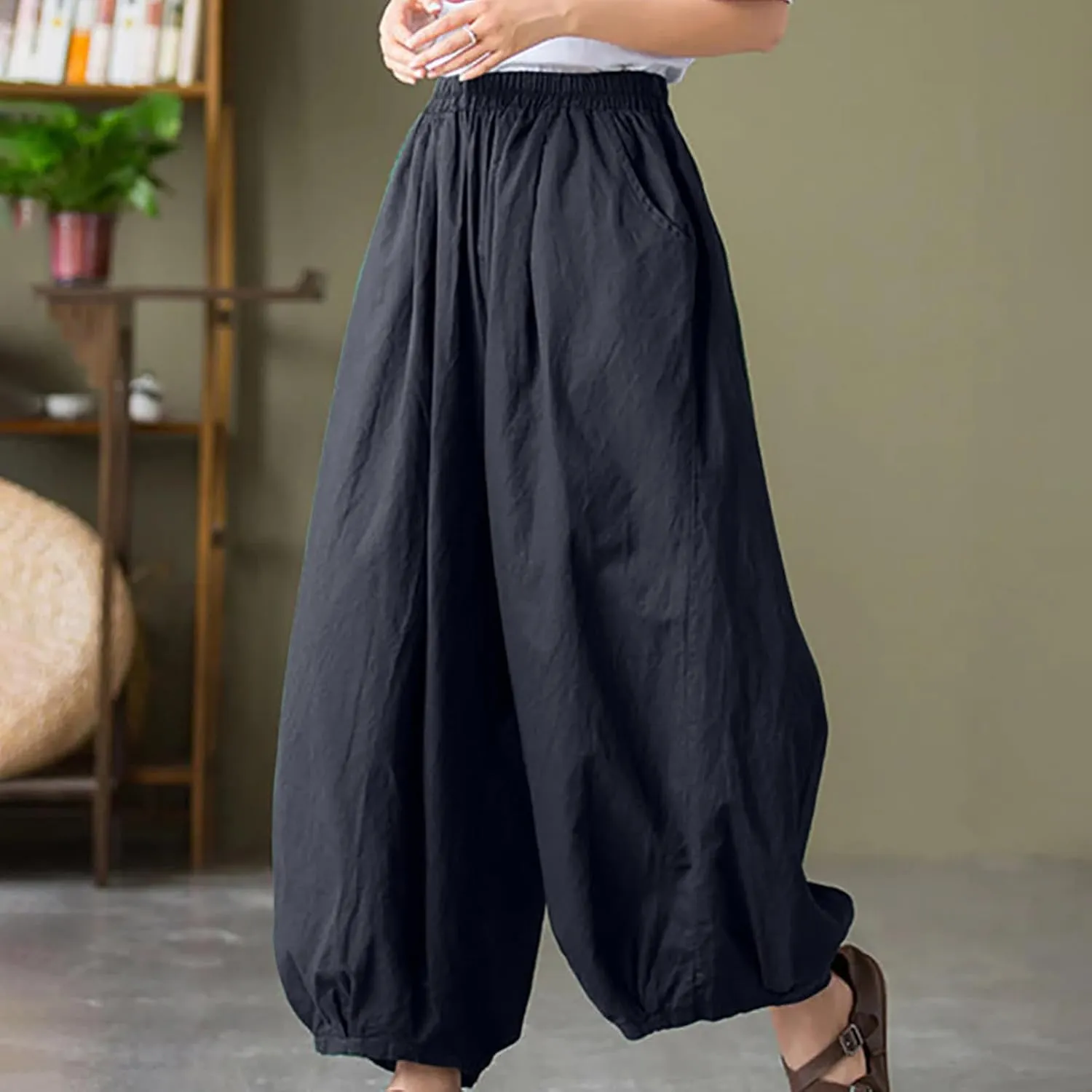 Women's Vintage Cotton Linen Baggy Pants Elastic High Waist Wide Leg Lantern Pants Casual Loose Trouser with Pockets
