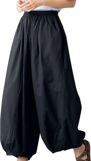 Women's Vintage Cotton Linen Baggy Pants Elastic High Waist Wide Leg Lantern Pants Casual Loose Trouser with Pockets