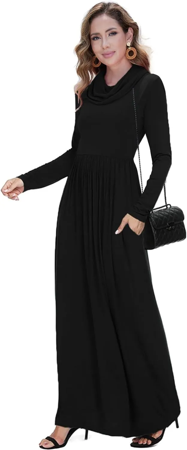 Women's Winter Long Sleeve Casual Maxi Dress Cowl Neck Empire Waist Plain Loose Long Dress with Pockets