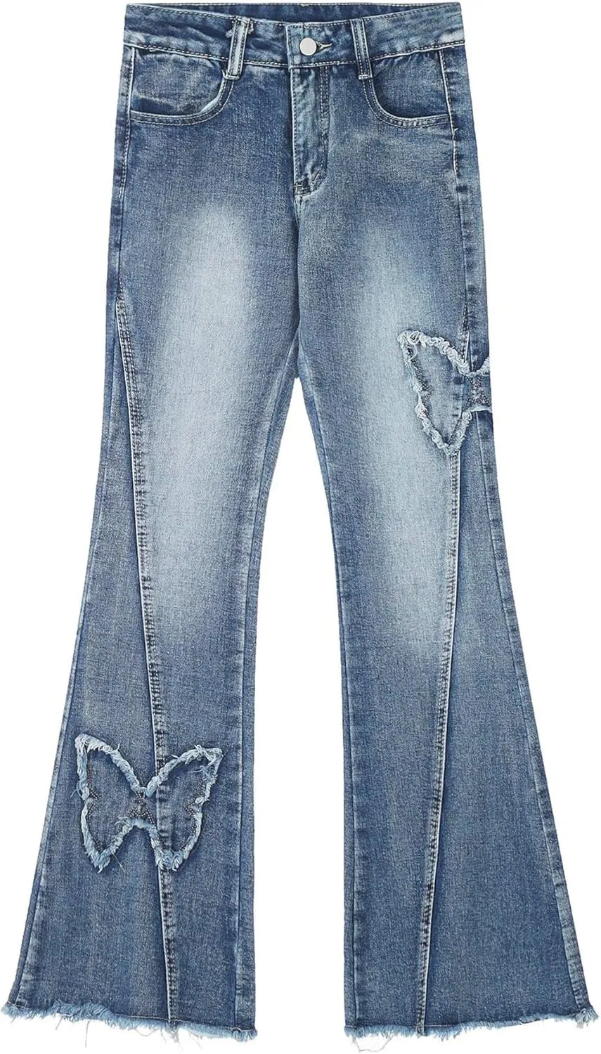 Womens Y2K Flare Jeans Butterfly Jeans Grunge Clothes Distressed Vintage Bell Bottom Low Rise Jeans