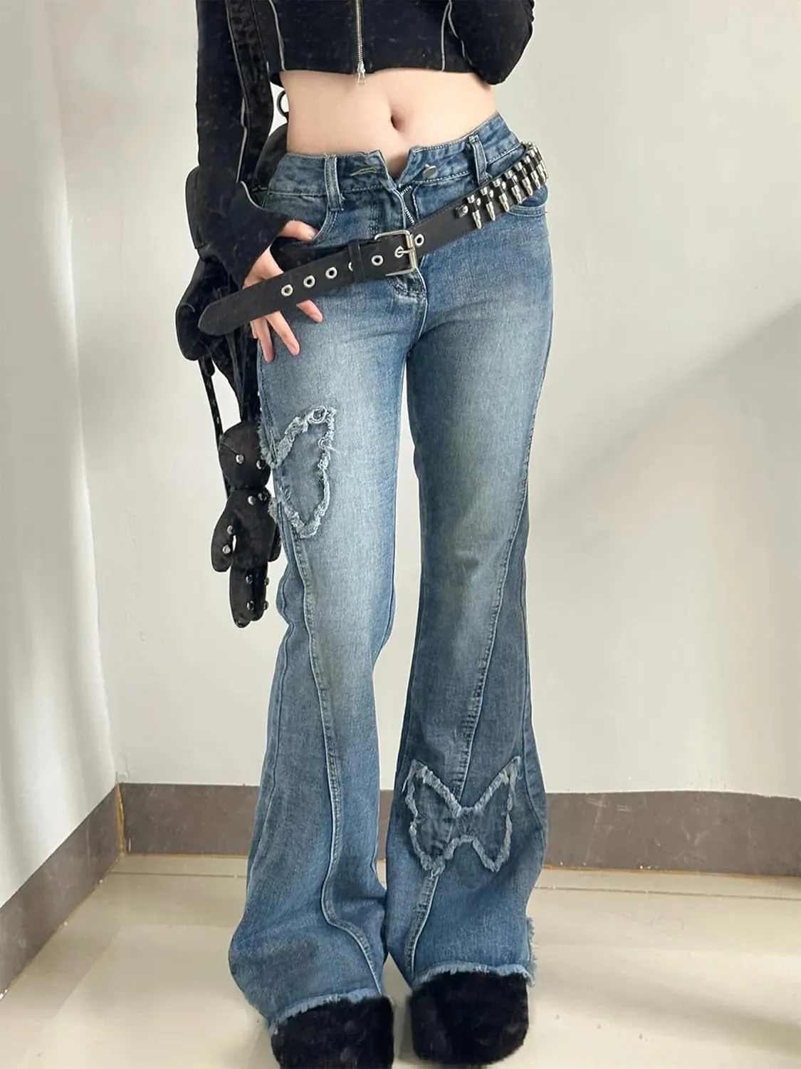 Womens Y2K Flare Jeans Butterfly Jeans Grunge Clothes Distressed Vintage Bell Bottom Low Rise Jeans