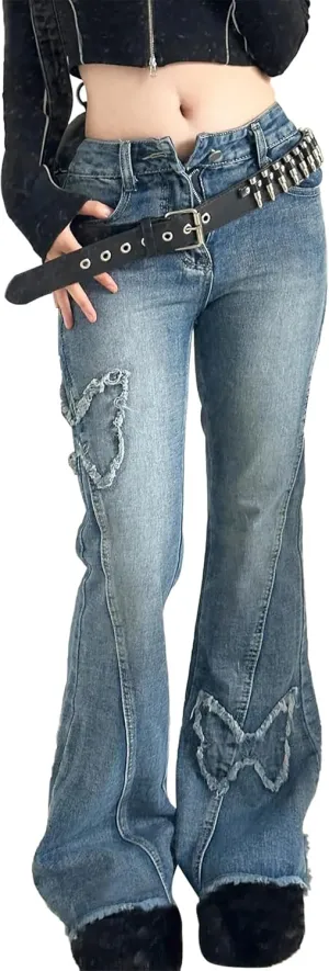 Womens Y2K Flare Jeans Butterfly Jeans Grunge Clothes Distressed Vintage Bell Bottom Low Rise Jeans