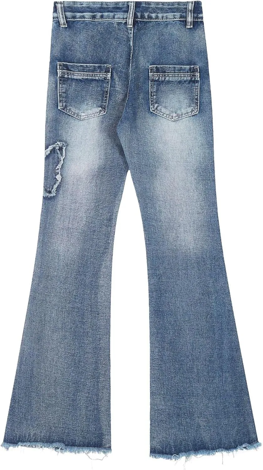 Womens Y2K Flare Jeans Butterfly Jeans Grunge Clothes Distressed Vintage Bell Bottom Low Rise Jeans