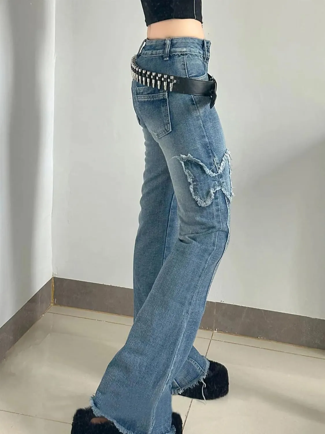Womens Y2K Flare Jeans Butterfly Jeans Grunge Clothes Distressed Vintage Bell Bottom Low Rise Jeans