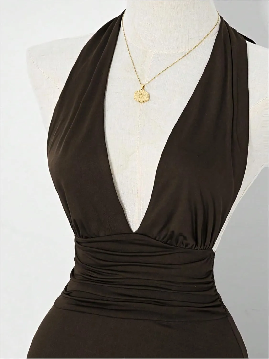 Women's Y2k Ruched Deep V Halter Mini Dress Tie Backless Halter A Line Short Dresses