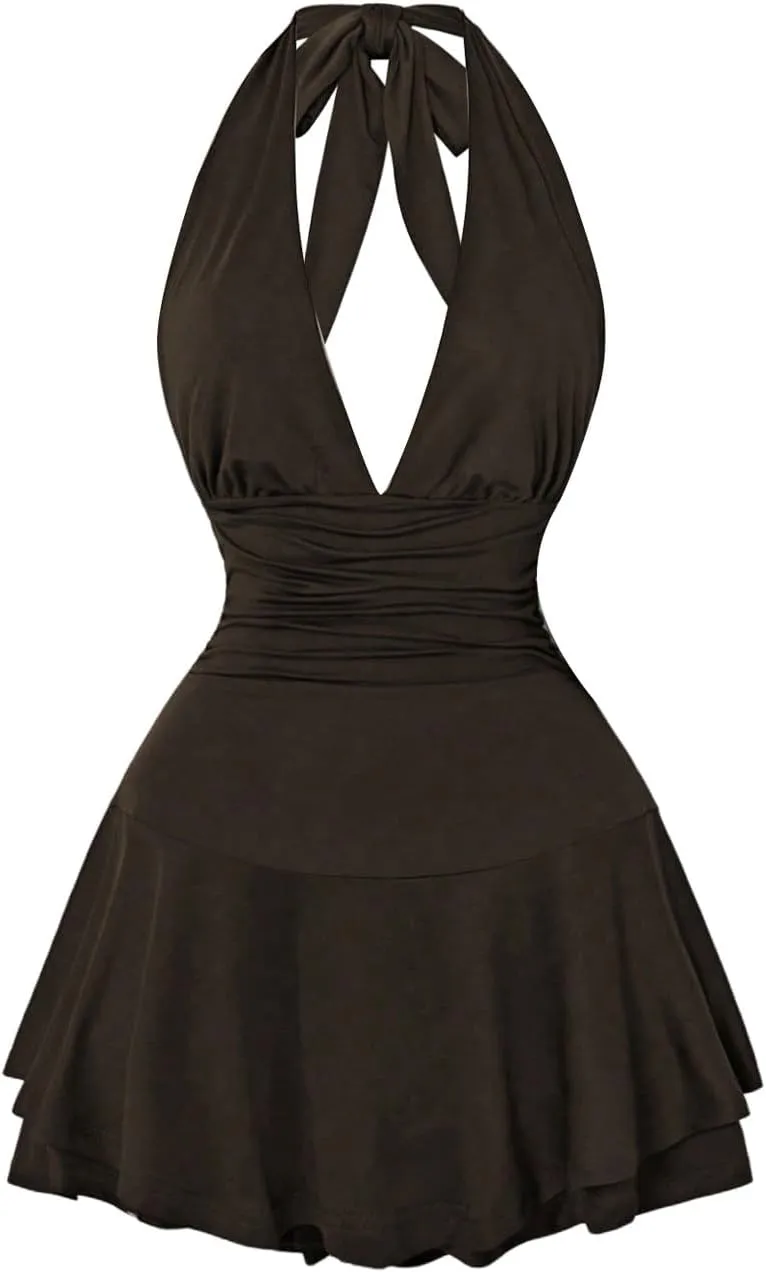 Women's Y2k Ruched Deep V Halter Mini Dress Tie Backless Halter A Line Short Dresses