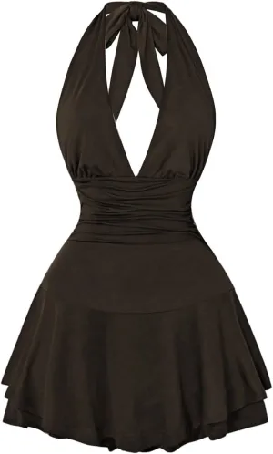 Women's Y2k Ruched Deep V Halter Mini Dress Tie Backless Halter A Line Short Dresses