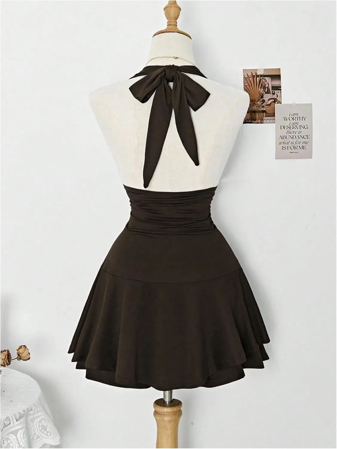 Women's Y2k Ruched Deep V Halter Mini Dress Tie Backless Halter A Line Short Dresses