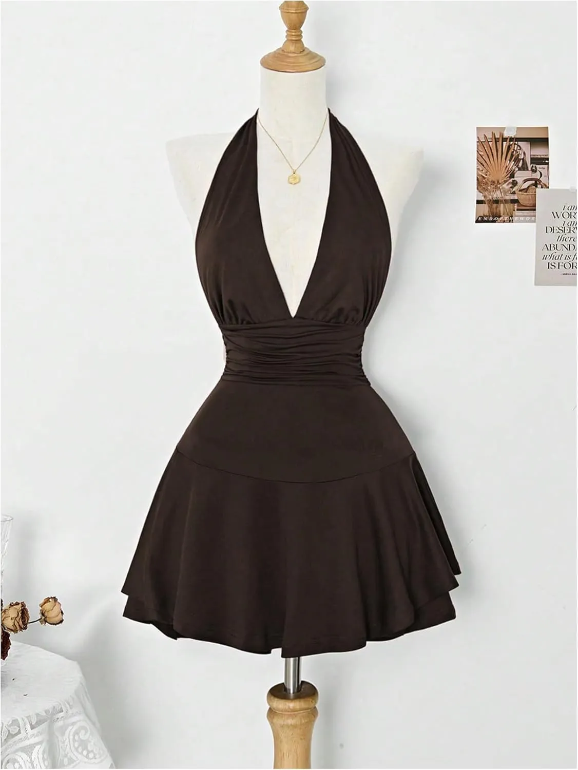 Women's Y2k Ruched Deep V Halter Mini Dress Tie Backless Halter A Line Short Dresses