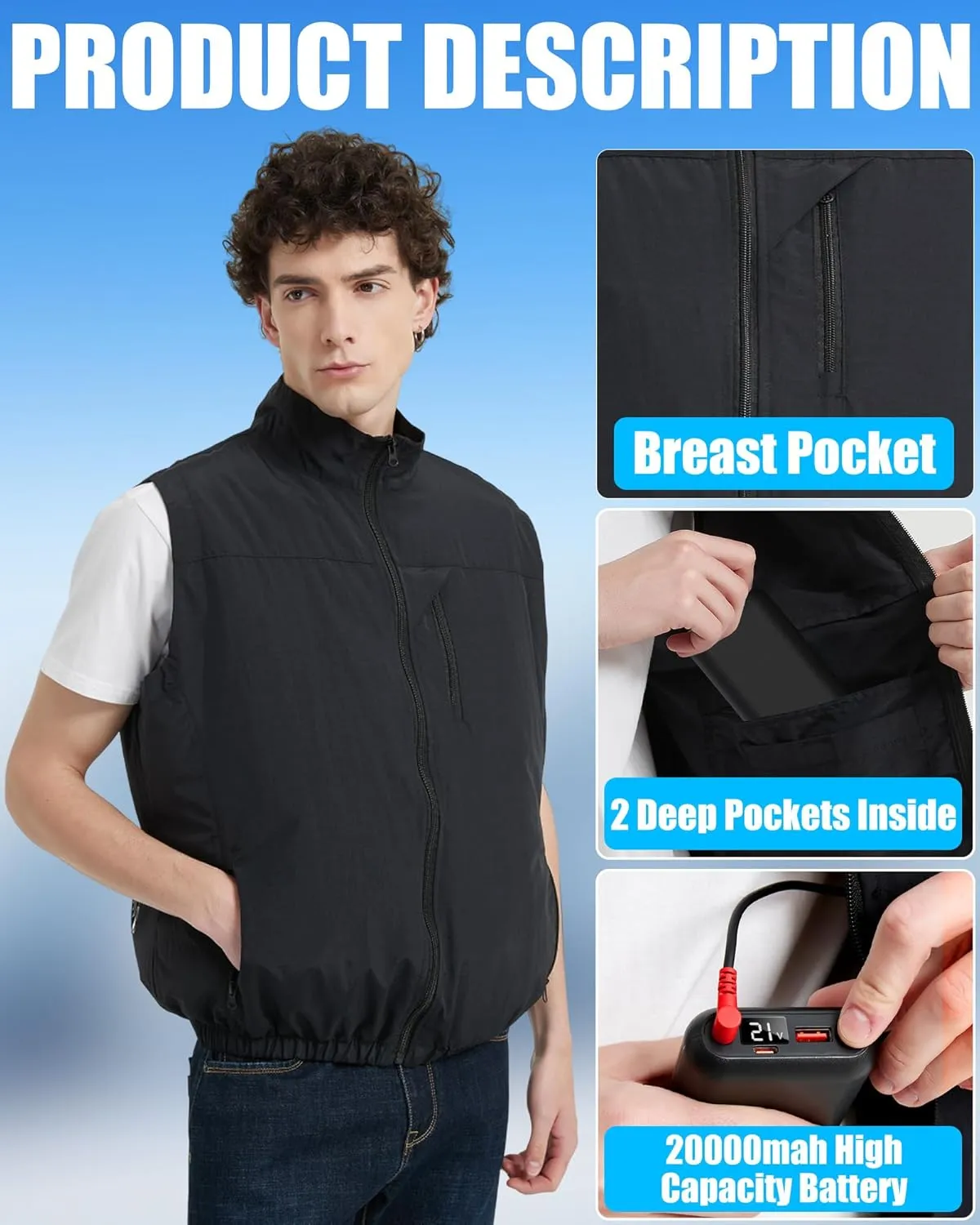 Work Cooling Vest Jacket with 2 Fans - Men and Women 21V Air Conditioner Lightweight Vests, With 20000mAh Battery