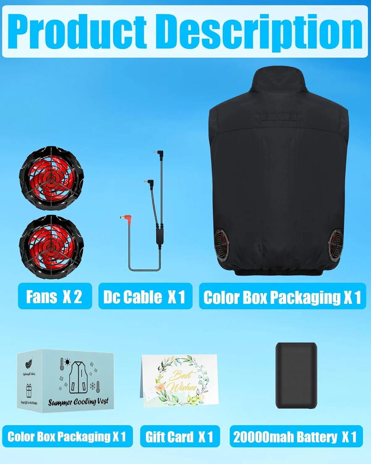 Work Cooling Vest Jacket with 2 Fans - Men and Women 21V Air Conditioner Lightweight Vests, With 20000mAh Battery