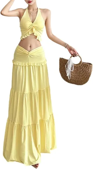 Wuitrie 2Piece Skirt Set Outfit for Women Sexy V-Neck Hanging Neck Vest Tops High Waist Pleated Ruffle Maxi Skirt