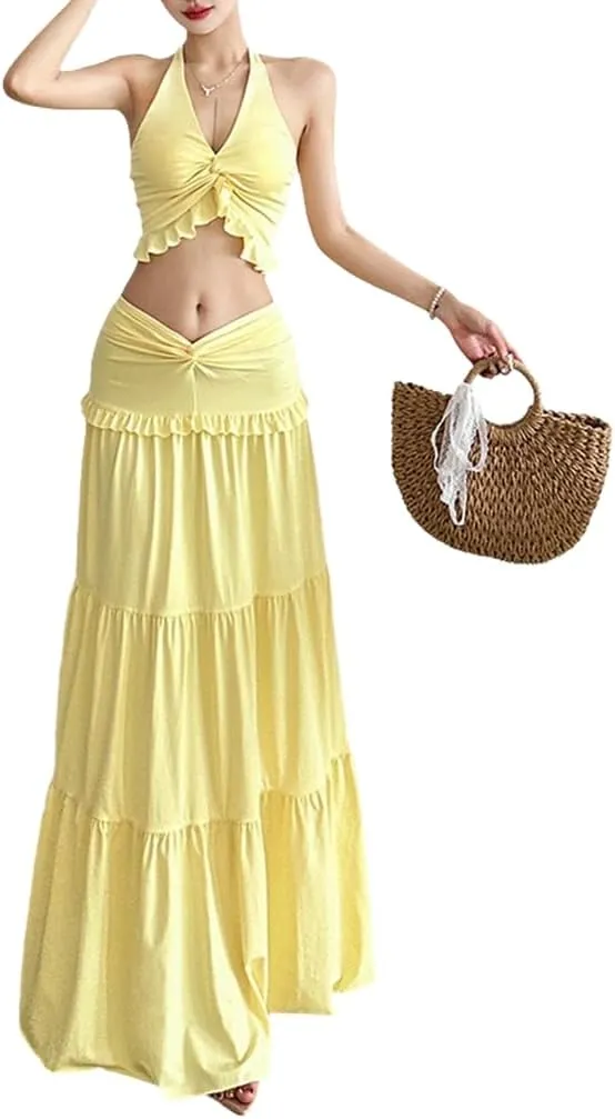 Wuitrie 2Piece Skirt Set Outfit for Women Sexy V-Neck Hanging Neck Vest Tops High Waist Pleated Ruffle Maxi Skirt