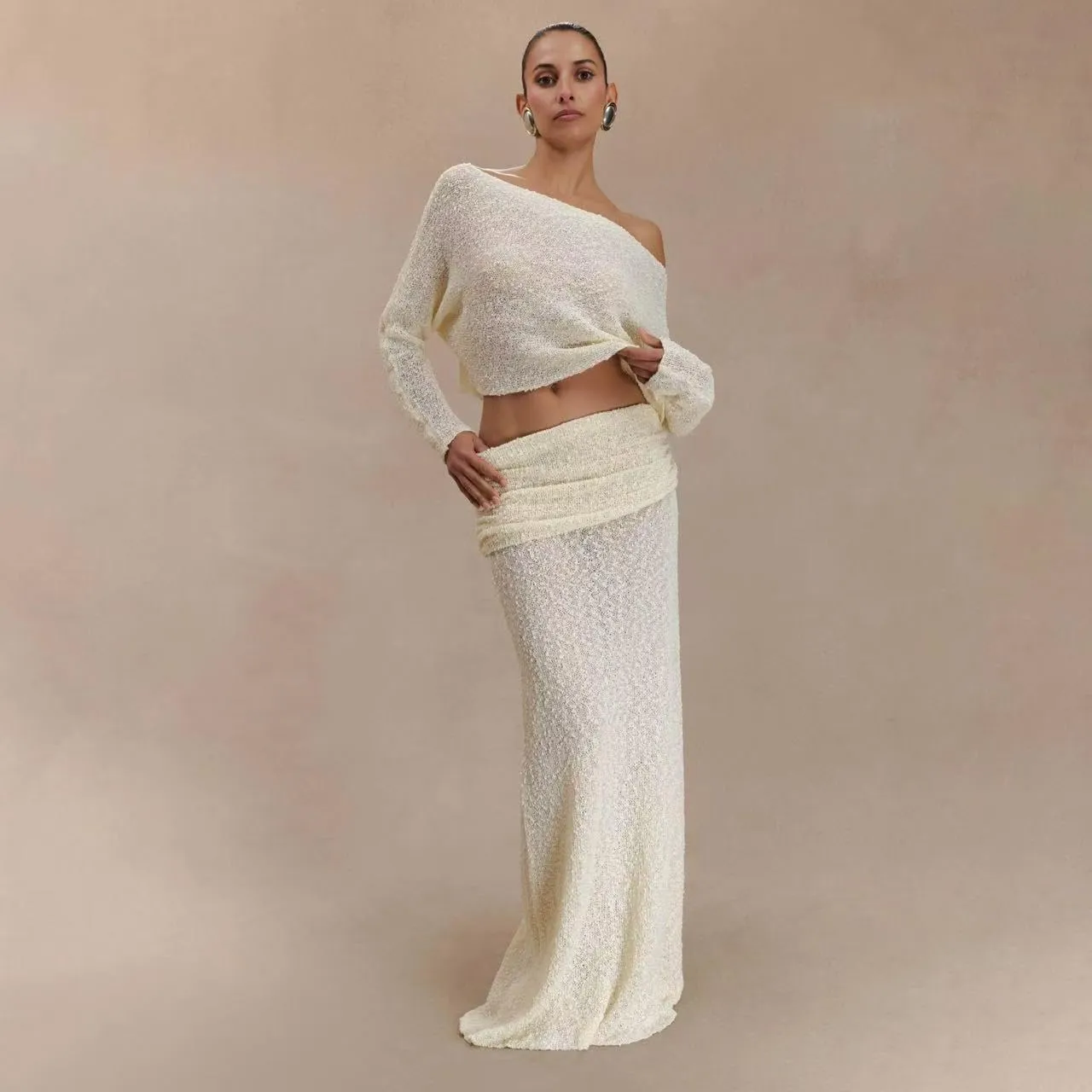 Wuitrie Two Piece Long Skirt Set for Women Knit Long Sleeve One Neck Top Pleated Maxi Skirt Solid Color Fashion Sets