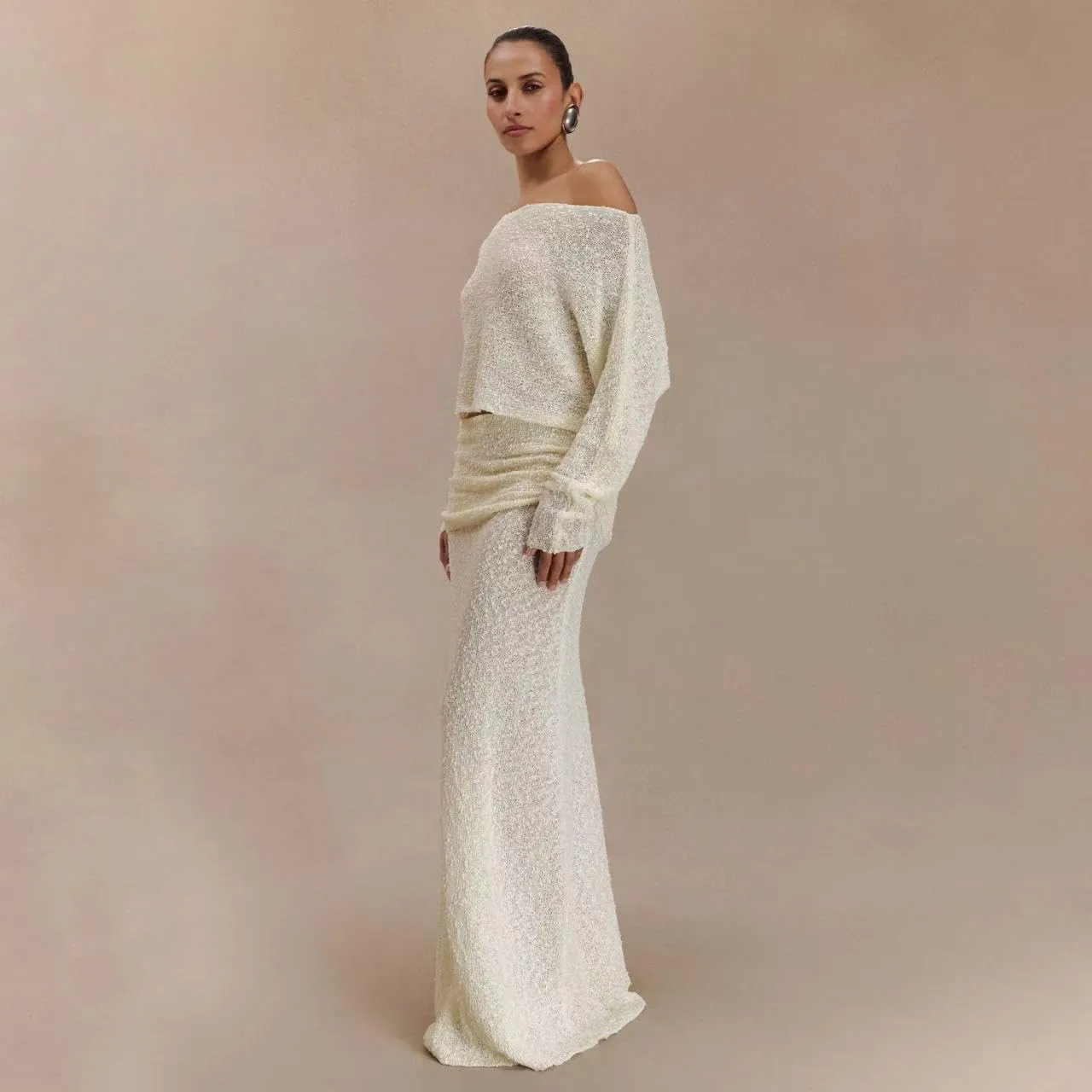 Wuitrie Two Piece Long Skirt Set for Women Knit Long Sleeve One Neck Top Pleated Maxi Skirt Solid Color Fashion Sets