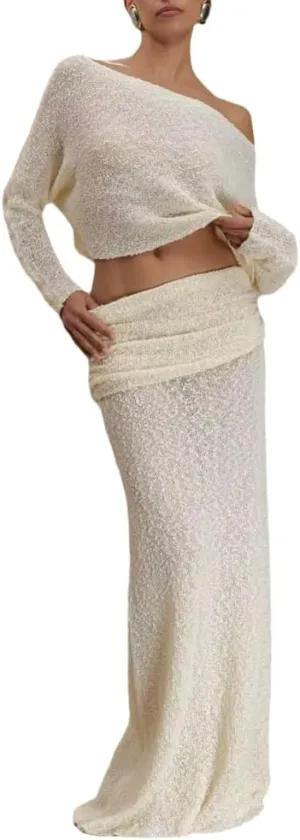 Wuitrie Two Piece Long Skirt Set for Women Knit Long Sleeve One Neck Top Pleated Maxi Skirt Solid Color Fashion Sets