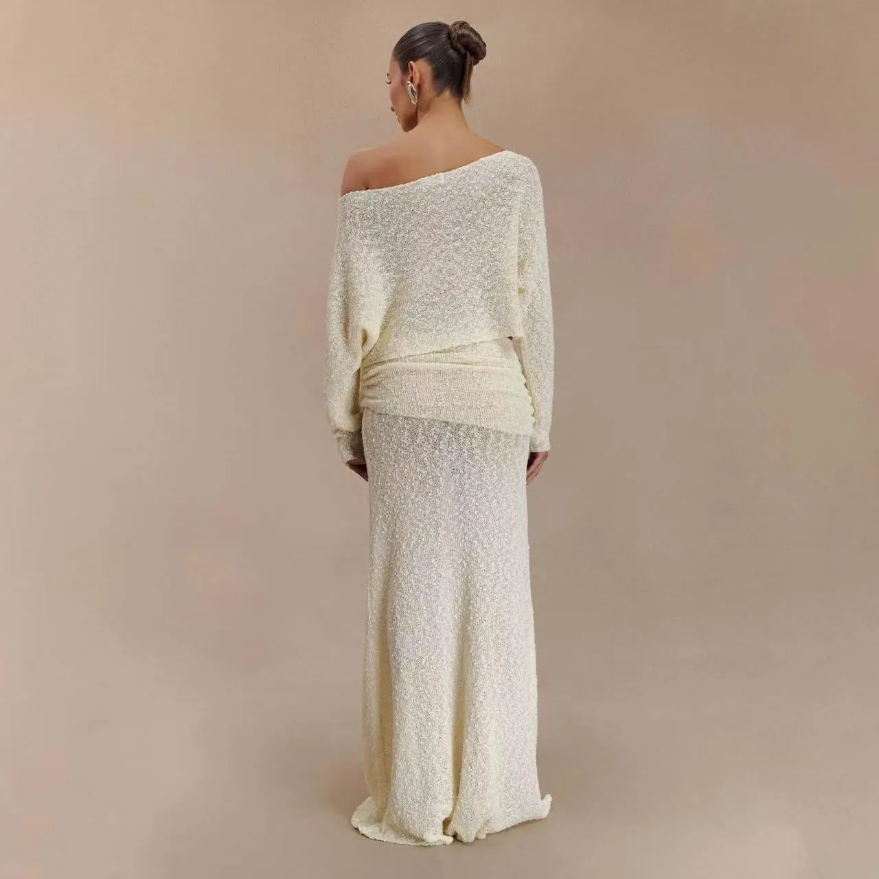 Wuitrie Two Piece Long Skirt Set for Women Knit Long Sleeve One Neck Top Pleated Maxi Skirt Solid Color Fashion Sets
