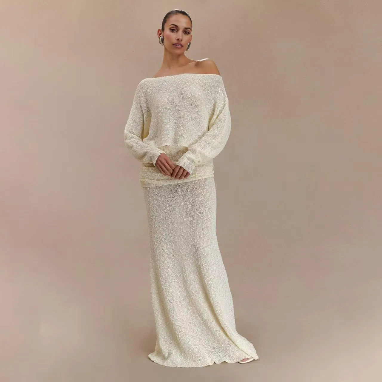 Wuitrie Two Piece Long Skirt Set for Women Knit Long Sleeve One Neck Top Pleated Maxi Skirt Solid Color Fashion Sets