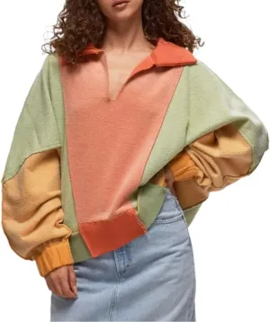XPONNI V Neck Oversized Sweatershirt Fashion Women Y2k Fleece Patchwork Pullover Cute Colorful Hoodies 2024 Fall