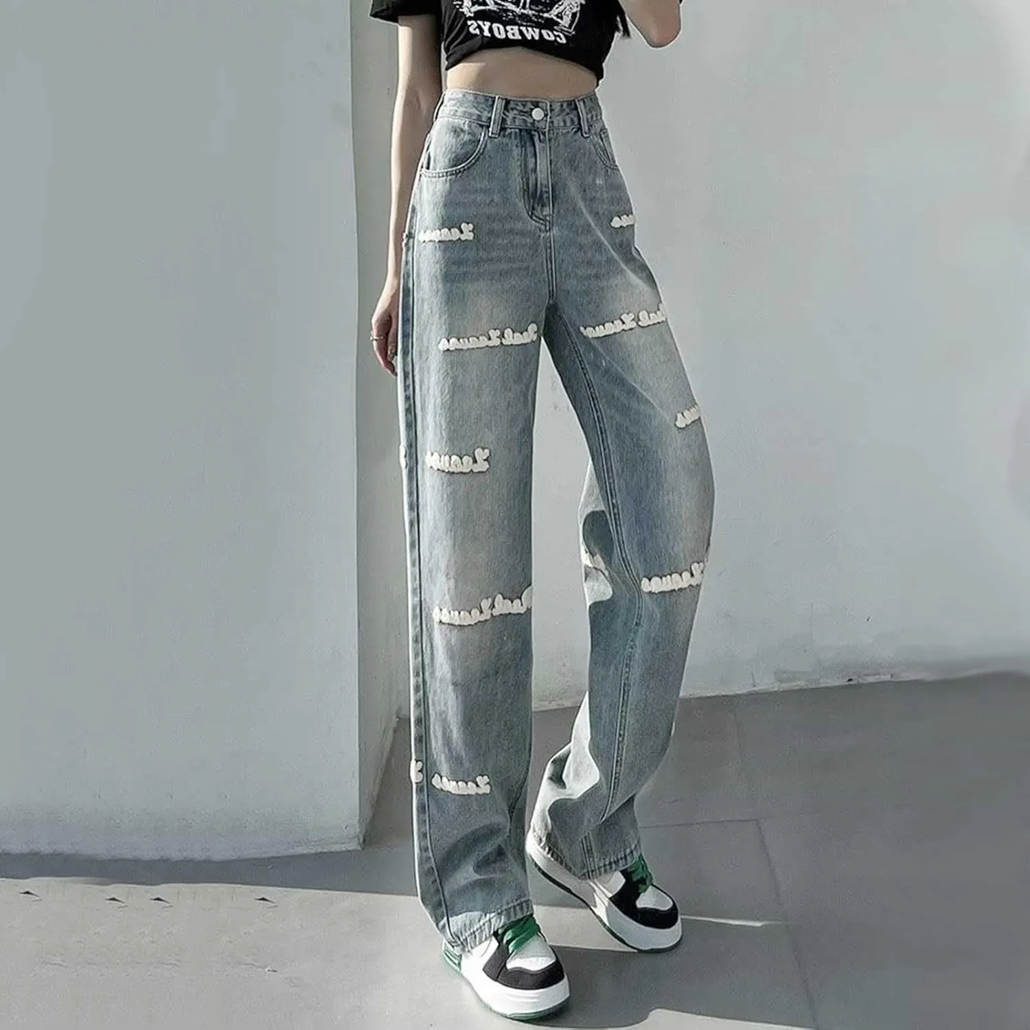 Y2K Jeans for Women Baggy Boyfried Jeans Loose Wide Leg Jeans High Waist Hip Hop Pants Casual Trousers Goth Trousers